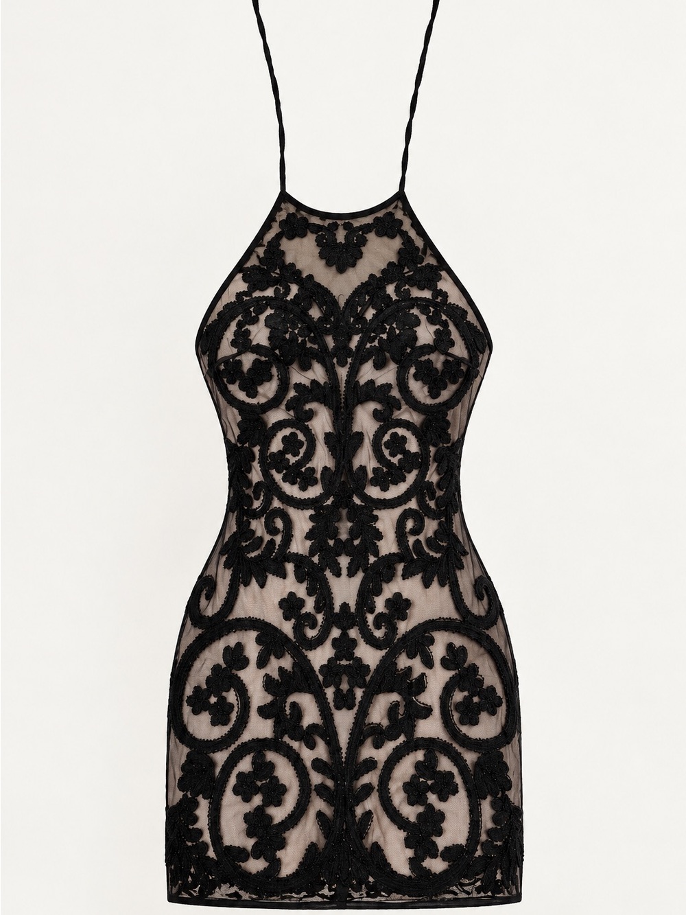 Sheer Black Lace Beaded Halter Mini Dress